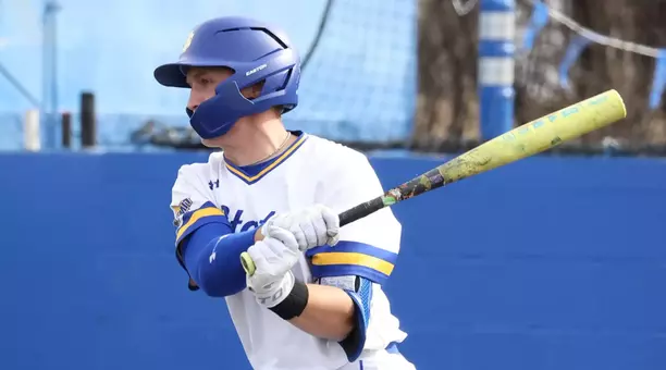 South Dakota State infielder Grant Sorensen follows through on his swing in action during the 2026 season at Erv Huether Field.