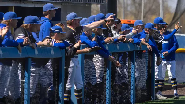 South Dakota State baseball players cheer from the dugout during the Jackrabbits' game April 24, 2026, versus Northern Colorado.
