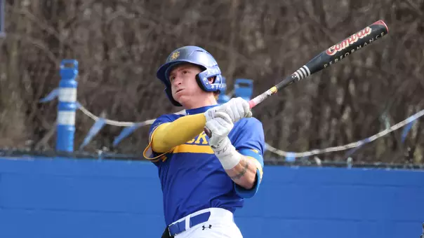 South Dakota State's Nate Wachter watches the flight of the ball after making contact during action at Erv Huether Field in Brookings, South Dakota. Wachter went 4-for-4 with two home runs and seven runs batted in to lead the Jackrabbits to a 19-1 victory over Minnesota Morris on April 29.