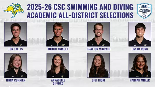 2026 Academic All-District Graphic featuring South Dakota State swimmers and divers. Top row of headshots: Jon Galles, Kolden Kringen, Braxton McGrath and Bryan Wong; bottom row: Jenna Currier, Annabelle Gifford, Gigi Hioki and Hannah Miller.