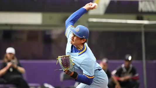 South Dakota State right-hander Dylan Richardson delivers a pitch during action against Southern Illinois at the Cambria Classic inside U.S. Bank Stadium.