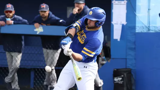 South Dakota State's Dayton Franke swings at a pitch in a game played against Midland University on April 14, 2026, at Erv Huether Field in Brookings, South Dakota.