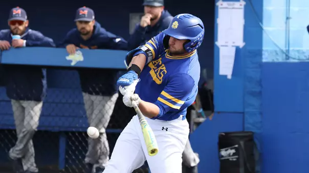 South Dakota State's Dayton Franke swings at a pitch in a game played against Midland University on April 14, 2026, at Erv Huether Field in Brookings, South Dakota.