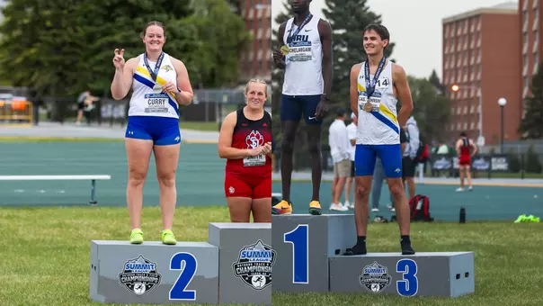 Split photo of two track athletes in white and blue uniforms on the podium. The photo on the right depicts a female thrower earning silver. The photo on the right is a male track athlete taking bronze.