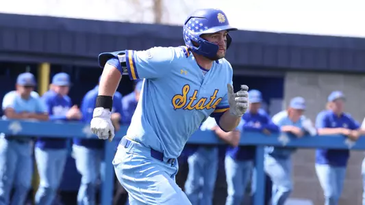 South Dakota State baseball player Dayton Franke runs to first base after hitting the ball in action during the 2026 season at Erv Huether Field in Brookings, South Dakota.