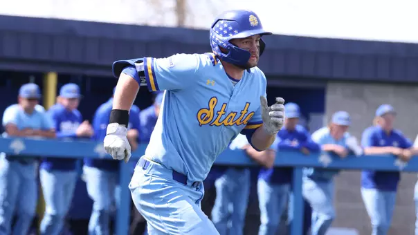 South Dakota State baseball player Dayton Franke runs to first base after hitting the ball in action during the 2026 season at Erv Huether Field in Brookings, South Dakota.