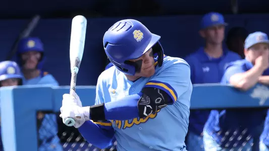 South Dakota State shortstop Keagen Jirschele swings at a pitch during home action against St. Thomas during the 2026 season.