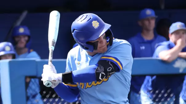 South Dakota State shortstop Keagen Jirschele swings at a pitch during home action against St. Thomas during the 2026 season.