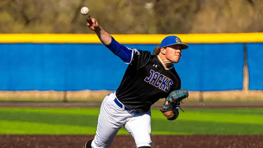 South Dakota State right-hander Ty Madison delivers a pitch in action against Northern Colorado on April 24, 2026, at Erv Huether Field in Brookings, South Dakota.