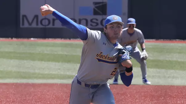 South Dakota State right-handed pitcher Sam Schlecht delivers a pitch against Oral Roberts in opening round action at the 2026 Summit League Baseball Championship.
