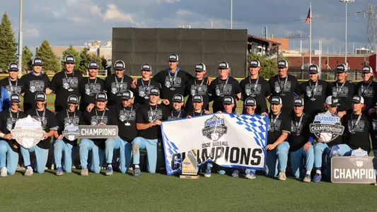 South Dakota State Baseball Team poses for a team photo after winning the 2026 Summit League Baseball Championship.