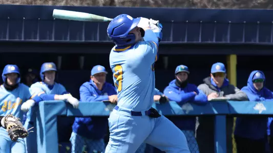 South Dakota State designated hitter Luke Luskey follows the flight of the ball after making contact in action during the 2026 season.