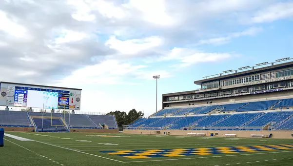 Panoramic view of Dana J. Dykhouse Stadium at South Dakota State University. The stadium serves as the home for Jackrabbit football and features the largest scoreboard in the Football Championship Subdivision. The stadium, which opened in 2016, has an artificial turf surface and seats 19,340.