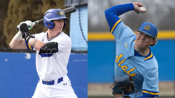Summit League Baseball Players of the Week Teaser featuring action photos of South Dakota State outfielder/catcher Nate Wachter (left) and pitcher Ty Madison (right).