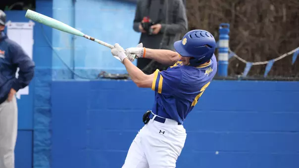 South Dakota State third baseman Nolan Grawe follows through on his swing during action at Erv Huether Field in Brookings, South Dakota, during the 2026 season.