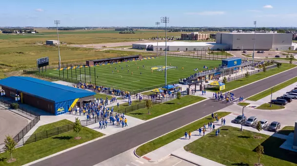 A rendering of Dakota Layers Stadium. View is an aerial photo looking towards the facility from the northwest.