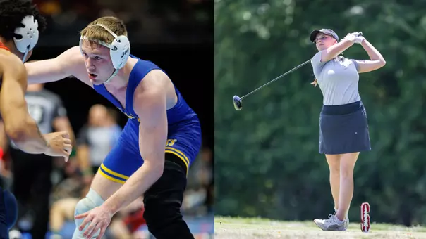 A wrestler in a blue singlet squares off with another wrestler and a women's golfer in a white polo hits a drive.
