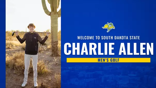 A photo of a young adult male holding a golf club behind has back while in a desert setting which includes a cactus. Text on graphic with blue and yellow color details includes "Welcome to South Dakota State, Charlie Allen, Men's Golf."