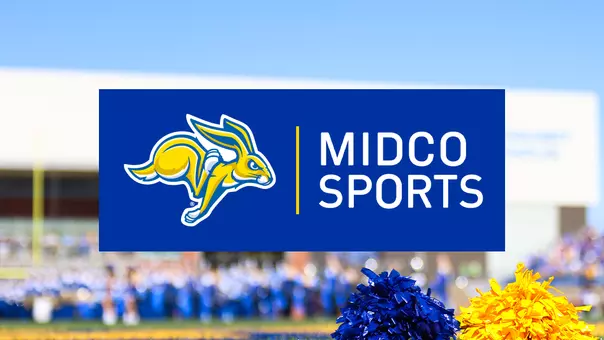 South Dakota State Jackrabbit logo sits in front of image along with a logo of Midco Sports. In the background is a blurred image of a football stadium.