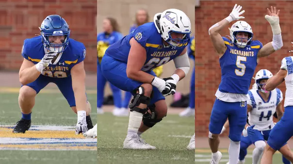 Photo compilation of South Dakota State football players named to the 2026 Stats Perform FCS Preseason All-America Team (left to right: defensive end Dawson Ripperda, offensive lineman Quinten Christensen and linebacker Cullen McShane)
