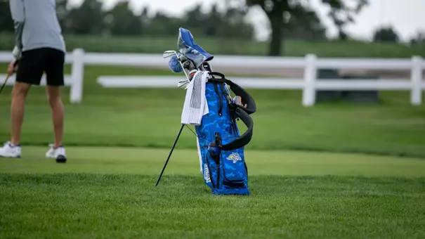 A blue golf bag filled with clubs stands on a neatly mowed golf course, with a white towel hanging from the side. In the blurred background, a golfer is preparing a shot near a white fence, with green grass and trees beyond.