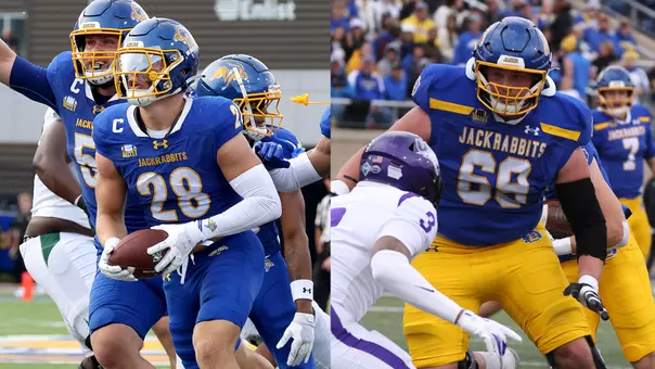 Football Players of the Week Teaser for Aug. 31, 2026, featuring linebacker Chase Van Tol and offensive tackle Quinten Christensen, who were honored by the Missouri Valley Football Conference for their efforts in South Dakota State's 70-7 victory over Stetson on Aug. 29, 2026.