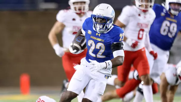South Dakota State running back Josiah Johnson carries the football while picking up some of his 238 rushing yards in the Jackrabbits' 27-20 victory over Youngstown State at Dana J. Dykhouse Stadium on Sept. 19, 2026.