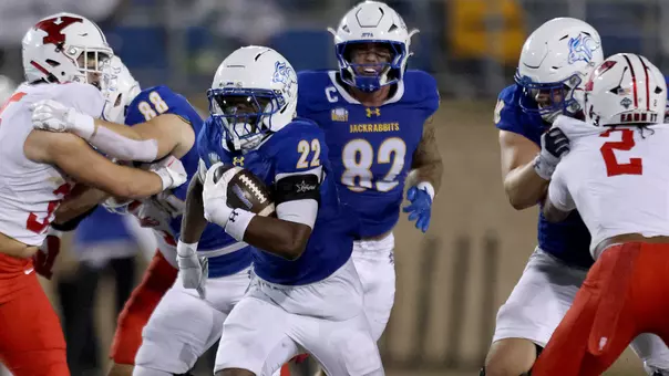South Dakota State running back Josiah Johnson runs through a hole during football action against Youngstown State on Sept. 19, 2026.