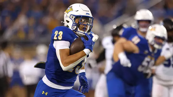 South Dakota State running back James Basinger races to the end zone for a 39-yard touchdown in the first half of the Jackrabbits' 42-7 victory over Eastern Illinois on Sept. 26, 2026.