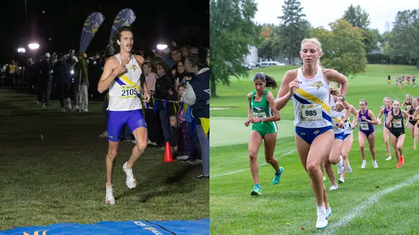 Split-image featuring South Dakota State cross country runners in competition. On the left, an SDSU runner wearing a white-and-blue uniform with bib number 2105 races toward the finish line at a nighttime meet, with spectators lining both sides of the course under bright lights. On the right, an SDSU runner wearing bib number 985 leads a pack of competitors across a grassy course during a daytime race, with several runners following closely behind and trees in the background.