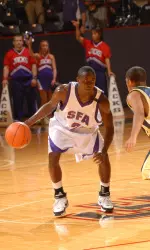 Junior Girod Adams scored seven of his nine points over the final five minutes of SFA's 43-41 win over McNeese State Saturday