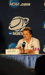 Head coach Danny Kaspar speaks at Thursday's news conference for his team's NCAA Tournament game against Syracuse