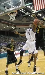 Senior Benson Akpan had 12 points and 10 rebounds in SFA's NCAA Tournament game against Syracuse Friday at the American Airlines Arena