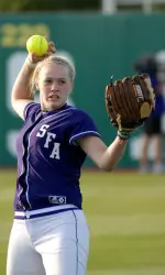 Sophomore Lauren Luetge threw a perfect game Saturday against Kent State in the Texas A&M Aggie Invitational