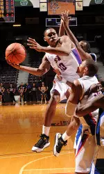 Amos Olatayo came off the bench for eight points in 10 minutes Saturday against Jarvis Christian