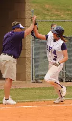 Brittany Caruthers hit two homers and drove in six runs in Friday's two-game sweep against A&M-Corpus Christi