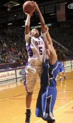 Freshman Porsha Roberts had 14 points, eight rebounds and eight blocks in SFA's 95-87 loss at Texas State Wednesday.