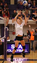 Paige Holland recorded her third double-double of the season in 3-2 win over Nicholls State Thursday night.