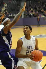 Desmond Haymon drives to the bucket for the game-winning layup vs Northwestern State on Saturday.