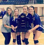 Seniors (L to R) Katzy Randall, Janet Hill, Paige Holland and Jill Ivy with the SLC championship trophy