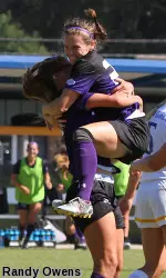 Hanna Barker celebrates with Madison Hall after scoring the game-winner in OT at McNeese