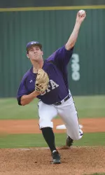 Senior Dillon Mangham heads to the mound Saturday for SFA