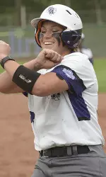 Brittany Lewis celebrates after recording one of her three hits on Friday afternoon