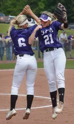 Senior outfielders Lindsay Campbell (right) and Alisa Hamilton have the Ladyjacks in fifth place in the SLC