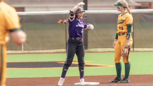 Jamie Varga celebrating double vs SLU (4-15-26)