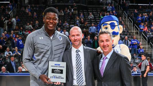 Angel Delgado Accepting 2017 NCAA Rebounding Championship Plaque with Kevin Willard and Pat Lyons