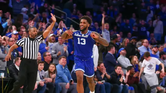 NEW YORK, NY - DECEMBER 08:  Seton Hall Pirates guard Myles Powell (13) celebrates after he hits a three point basket to give the Seton Hall Pirates the lead with 1.5 seconds left  during the second half of the Citi Hoops Classic College Basketball Game between the Kentucky Wildcats and the Seton Hall Pirates on December 8, 2018 at Madison Square Garden in New York, NY.  (Photo by Rich Graessle/Icon Sportswire)