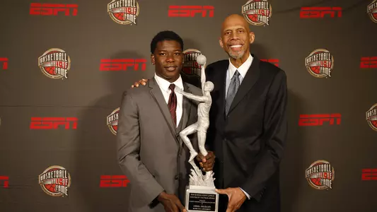 Los Angeles, CA - April 6, 2018 - The Novo: Portrait of Angel Delgado and Kareem Abdul-Jabbar during the 2018 College Basketball Awards(Photo by Gabriel Christus / ESPN Images)