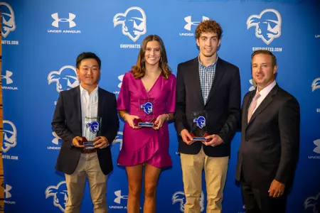 Junior Athletes of the Year Chris Yeom, Abby Thelen and Dakota Williams with Pat Lyons