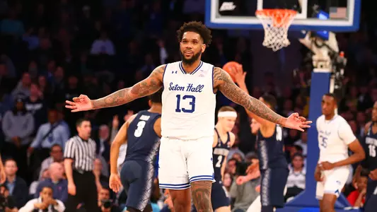 NEW YORK, NY - MARCH 14:  Seton Hall Pirates guard Myles Powell (13) celebrates after making a 3 point basket during the first half of the Big East Tournament quarterfinal game between the Seton Hall Pirates and the Georgetown Hoyas on March 14, 2019 at Madison Square Garden in New York, NY.   (Photo by Rich Graessle/Icon Sportswire)